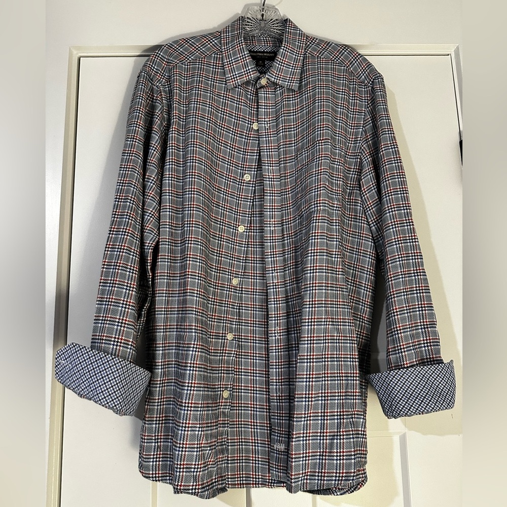 Johnson and Murphy Classic Multicolor Plaid Dress Shirt M orange, blue and white